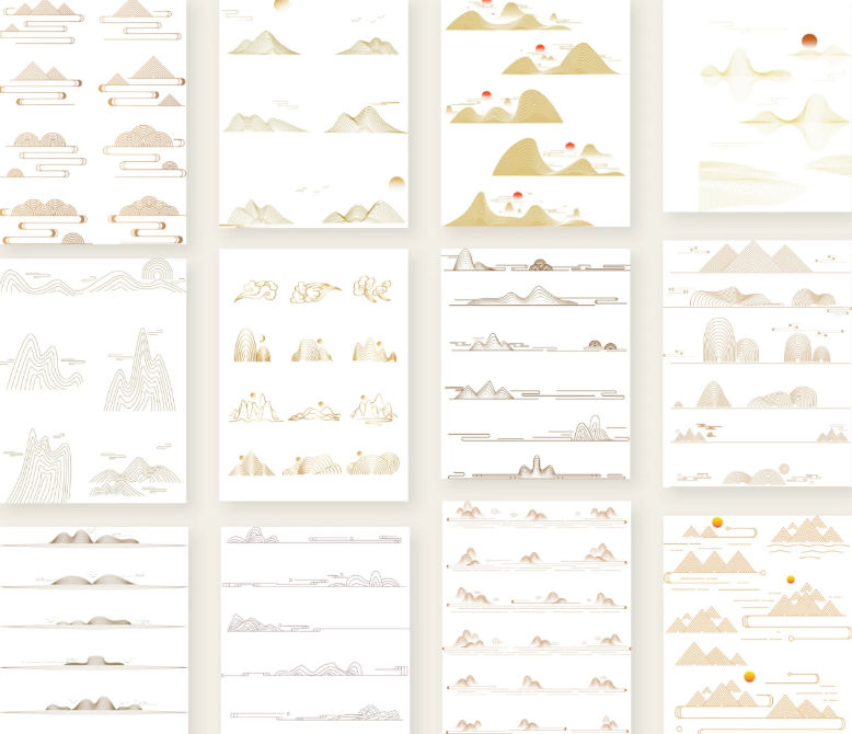 124款中国风古典中式国风山水祥云花纹边框线条图形装饰图案AI矢量平面设计素材