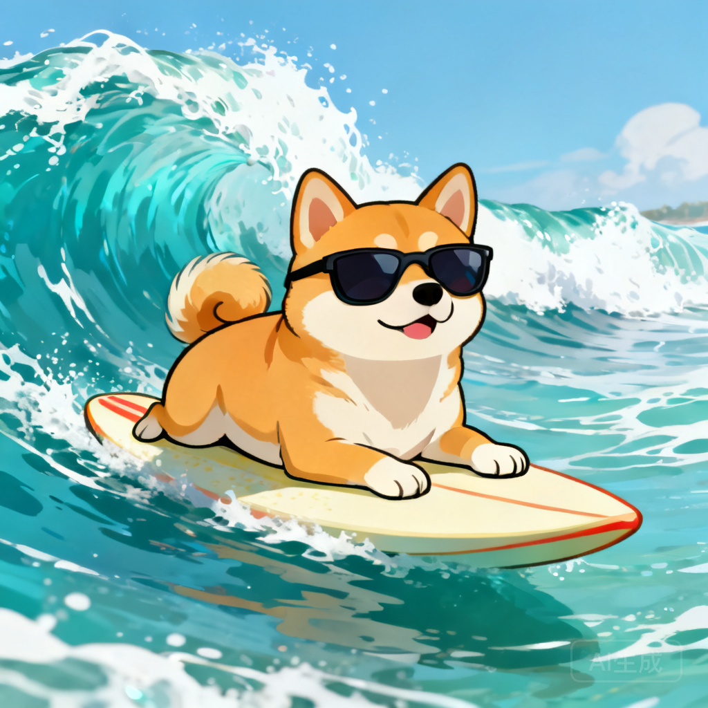 一只柴犬戴着墨镜趴在冲浪板上，海浪背景，