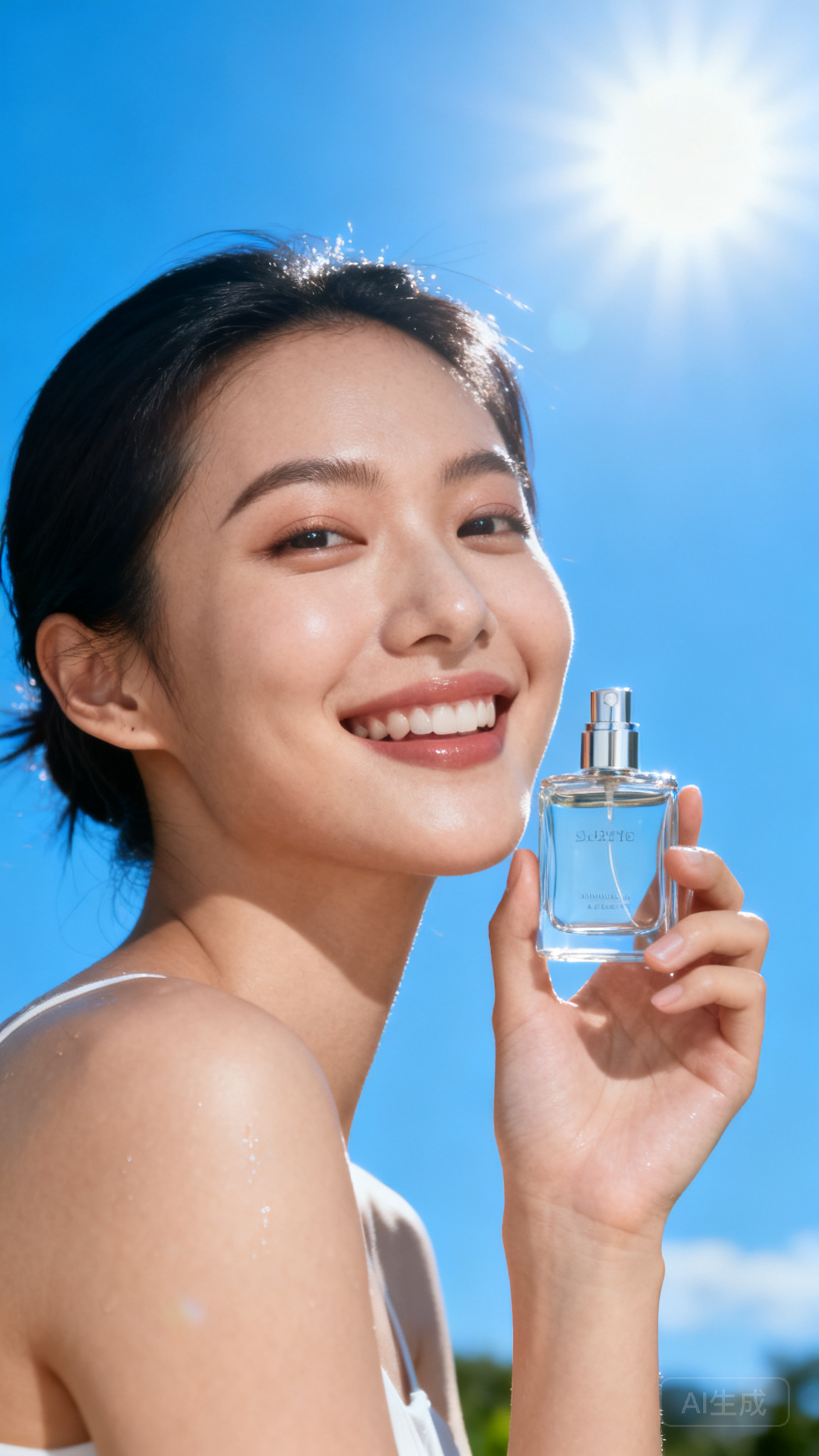 清新自然的香水广告画面，亚洲女子手持香水