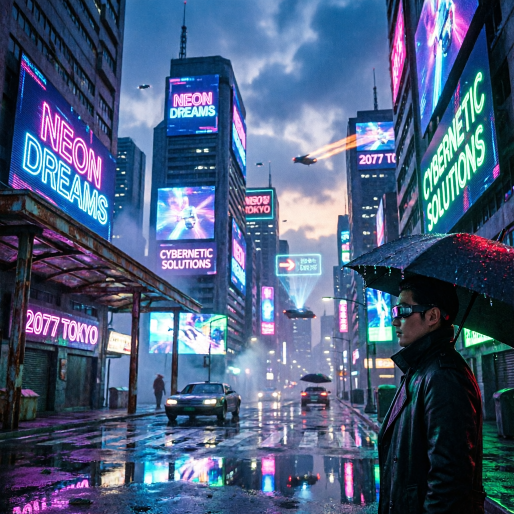 赛博朋克城市夜景，霓虹灯光，雨天，电影感