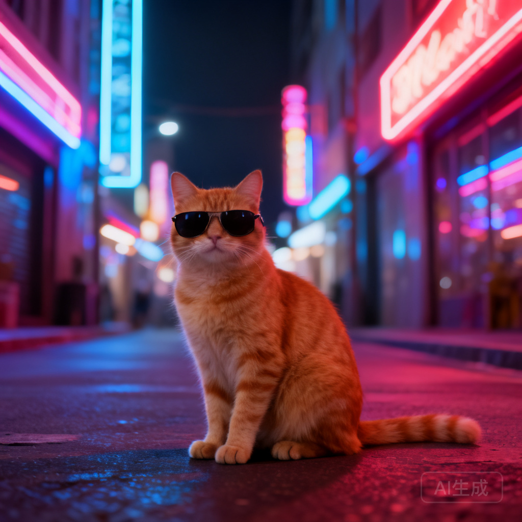 一只戴着墨镜的橘猫坐在霓虹街道上，电影感