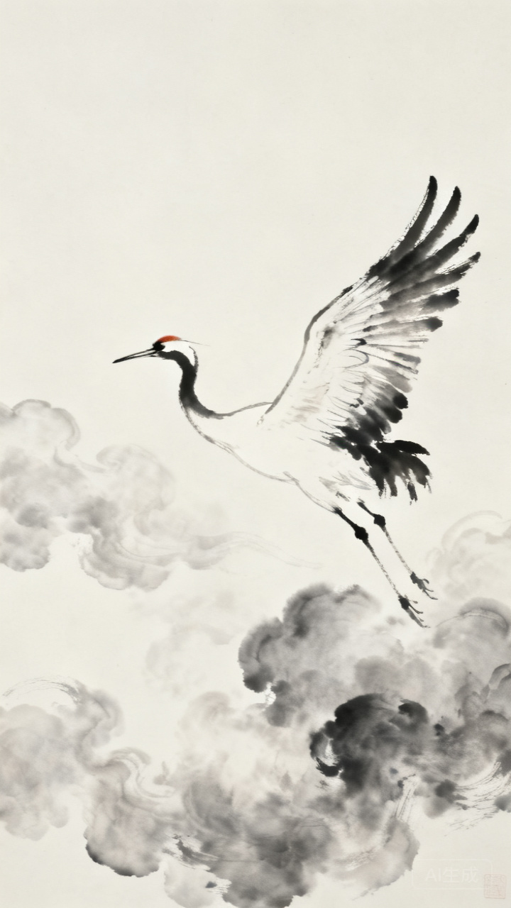 一只水墨风格的仙鹤在云雾中飞翔，中国风