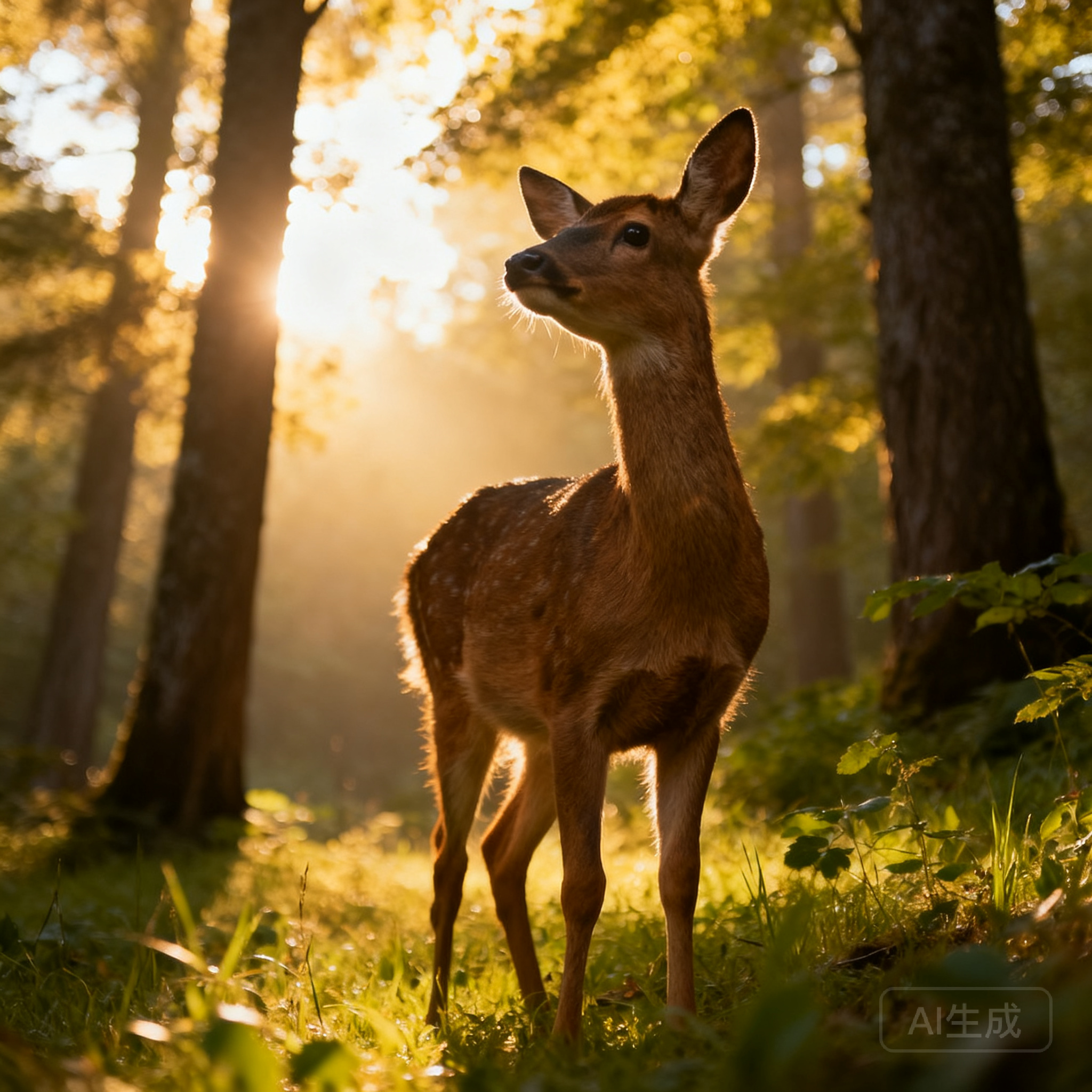 清晨森林里的一只小鹿，阳光透过树叶，写实