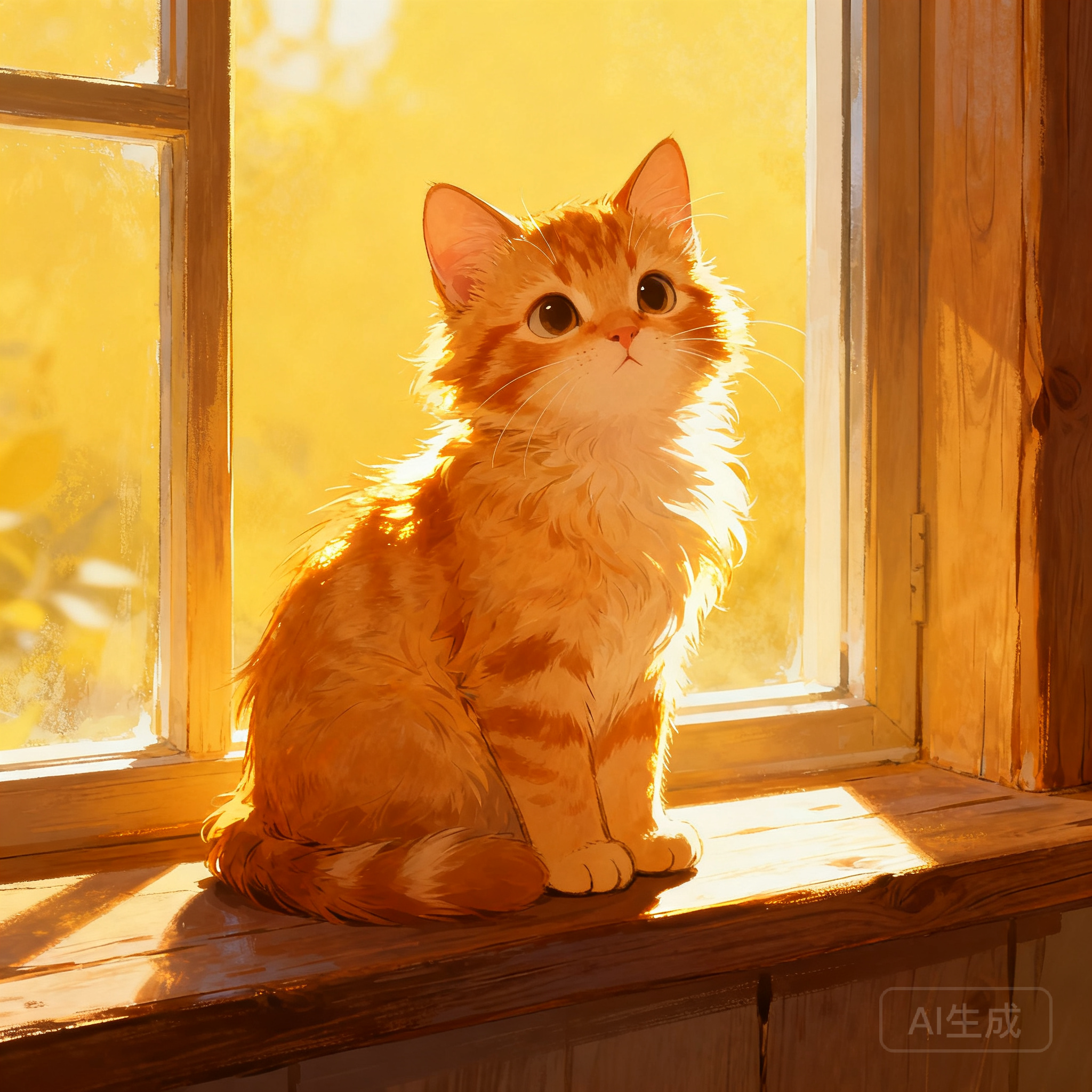一只橘色小猫坐在窗台上，阳光温暖，插画风