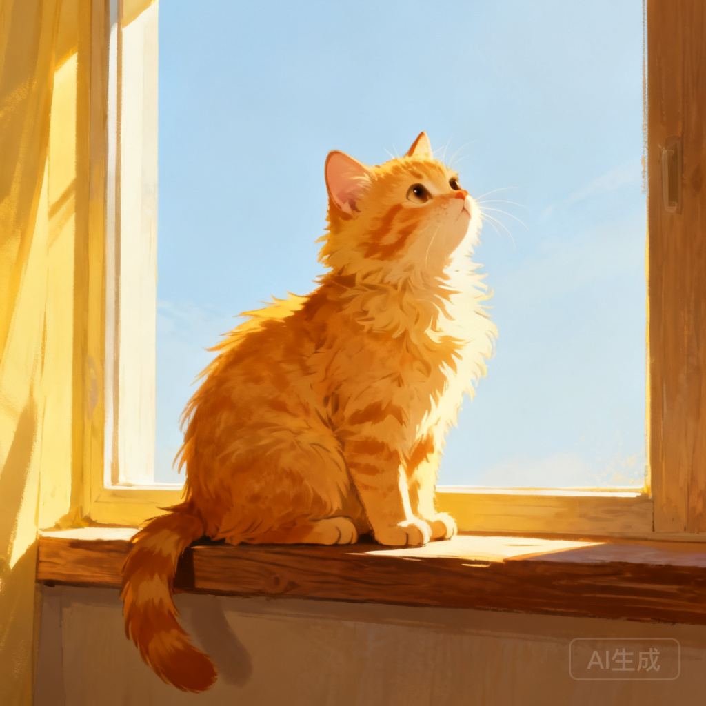 一只橘色小猫坐在窗台上，阳光温暖，插画风
